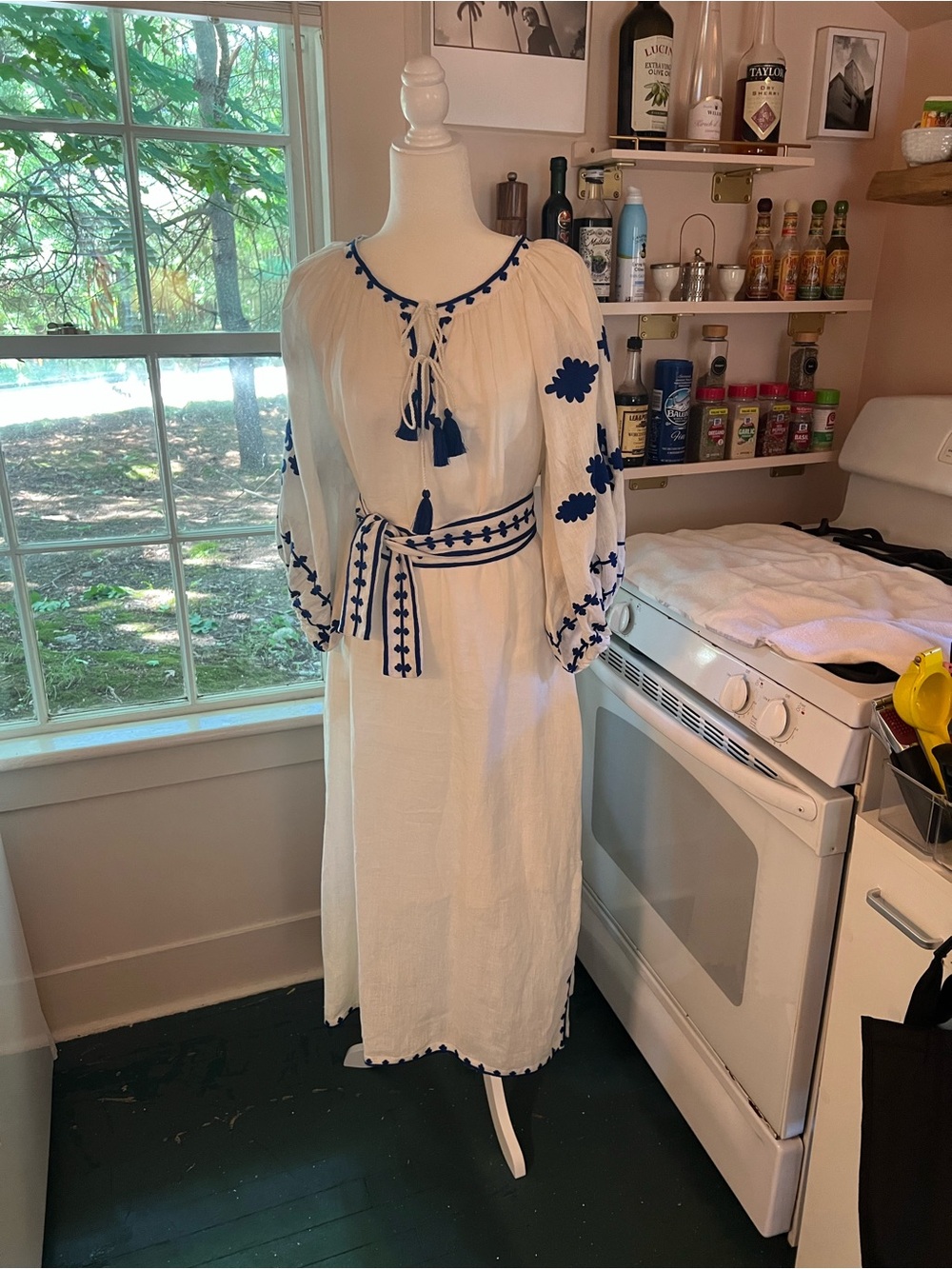 White Maxi Dress with Blue Embroidery and Tassel Tie
